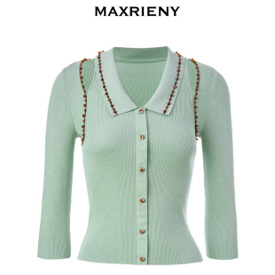 开衫 MAXRIENY精致复古撞边翻领针织毛衫 上衣女 奥莱