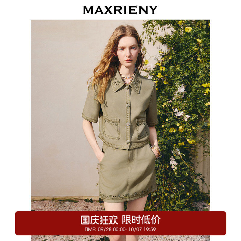 【奥莱】MAXRIENY军绿色直身绣花牛仔外套女图片