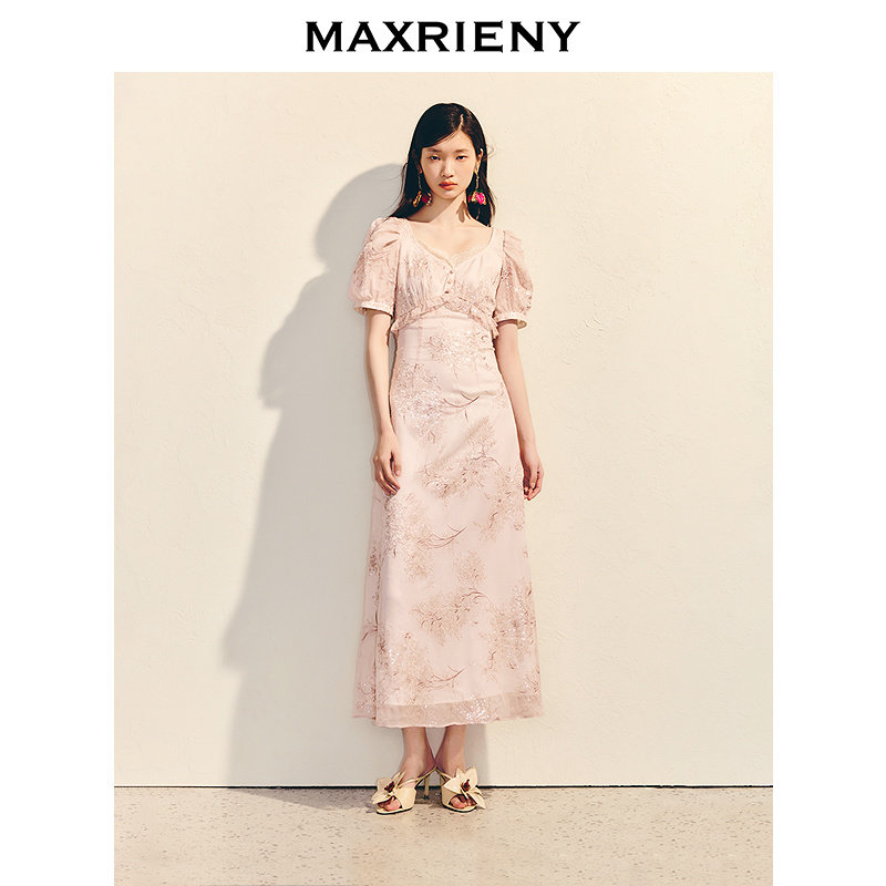 【奥莱】MAXRIENY连衣裙珠片绣花雪纺裙子订婚长裙