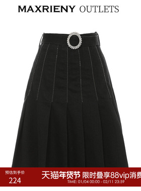 【奥莱】MAXRIENY学院风百褶裙冬季黑色半身短裙洋气