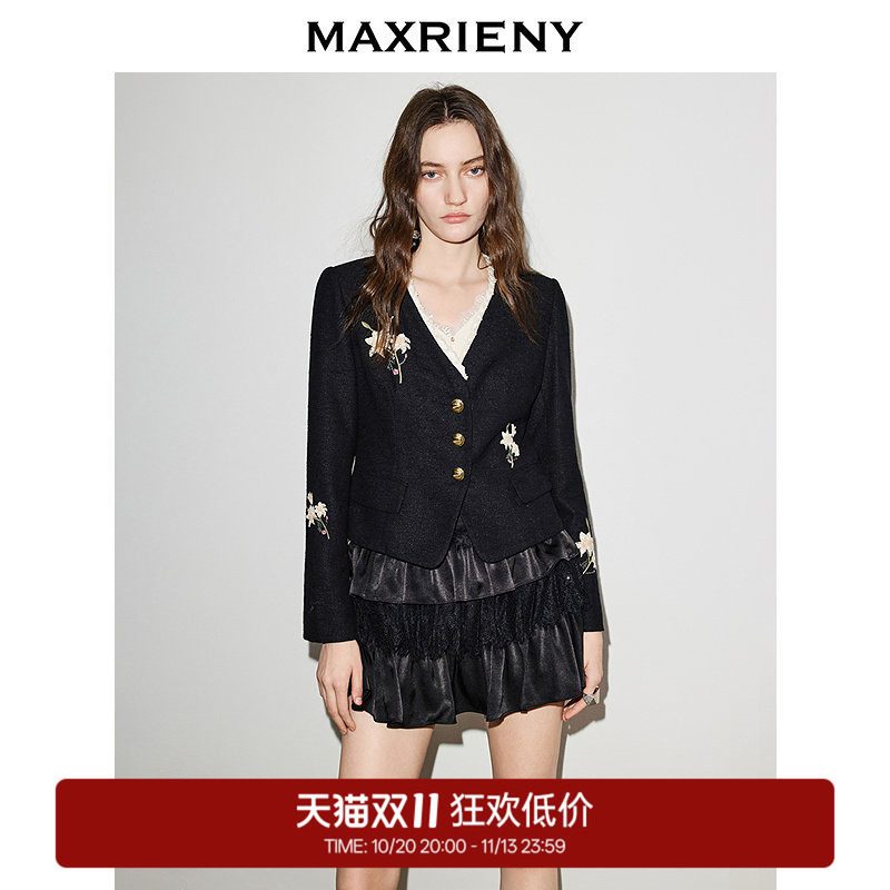 【奥莱】MAXRIENY黑色珠片绣花V领外套暗纹肌理感收腰短外套