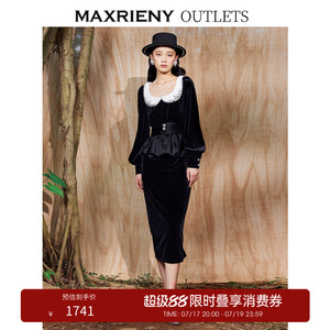【奥莱】MAXRIENY暗夜晚香连衣裙复古小黑裙娃娃领丝绒