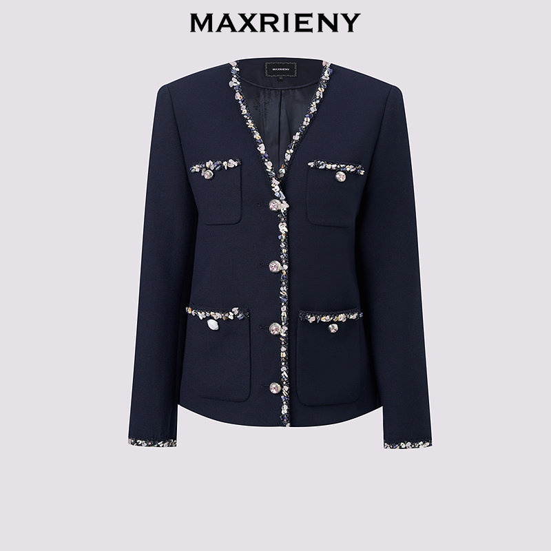 【奥莱】MAXRIENY彩石装饰H型西装外套羊毛西服撞色短外套