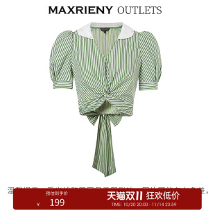 泡泡袖 MAXRIENY赫本海军风衬衣夏季 收腰条纹上衣女 奥莱