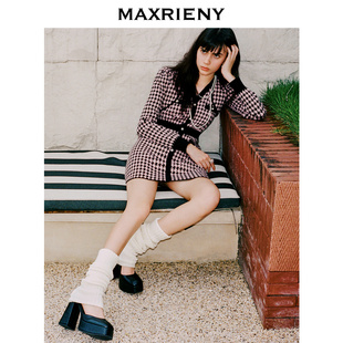 MAXRIENY名媛千金小香连衣裙千鸟格复古针织裙两件套 奥莱