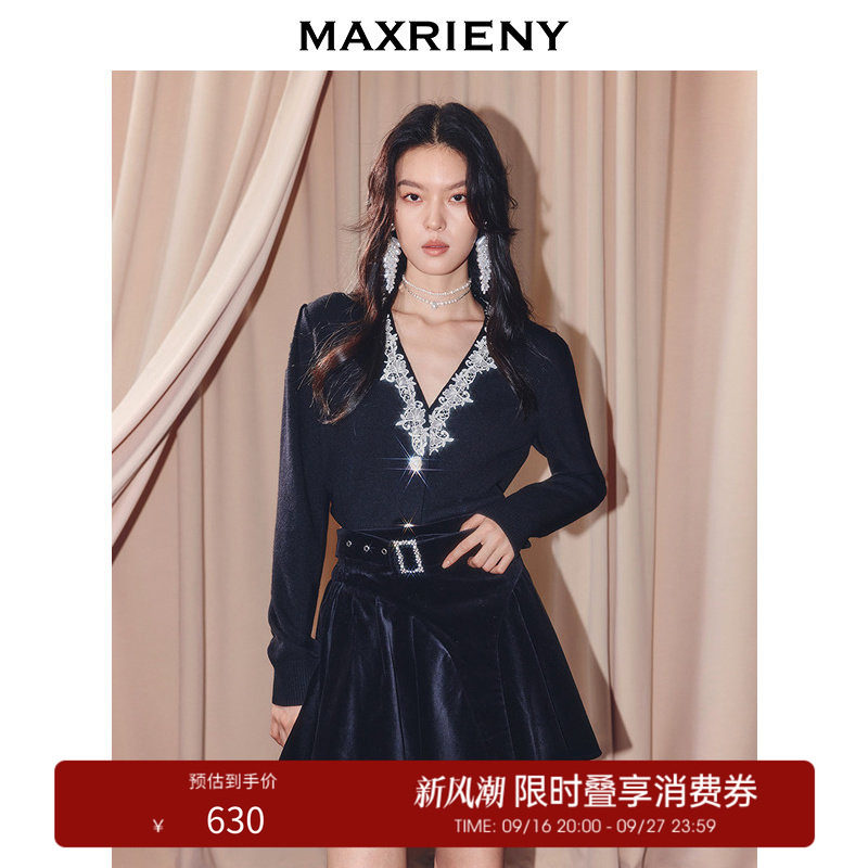【奥莱】MAXRIENY复古v领针织外套蕾丝拼接收腰长袖上衣女图片