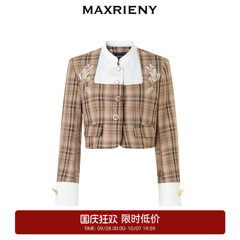 【奥莱】MAXRIENY复古格纹缎面解构外套美拉德穿搭										