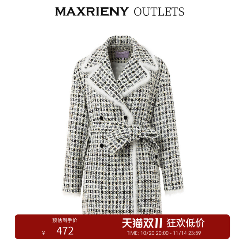 【奥莱】MAXRIENY复古黑白格纹大衣中长款肌理感小香风外套