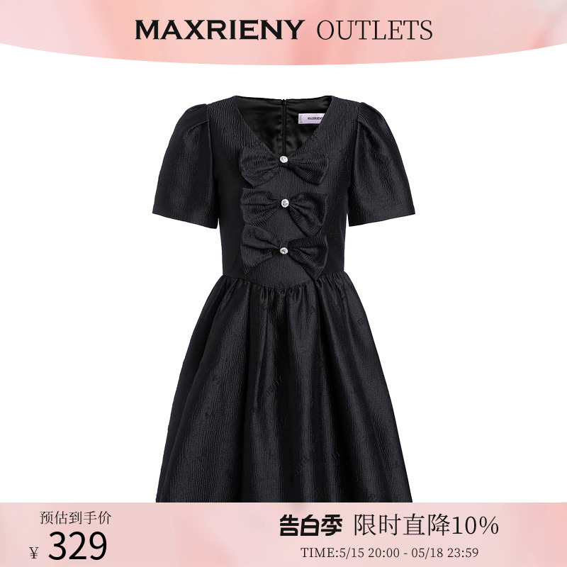 【奥莱】MAXRIENY蝴蝶结连衣裙女春款泡泡袖短裙公主裙V领小黑裙