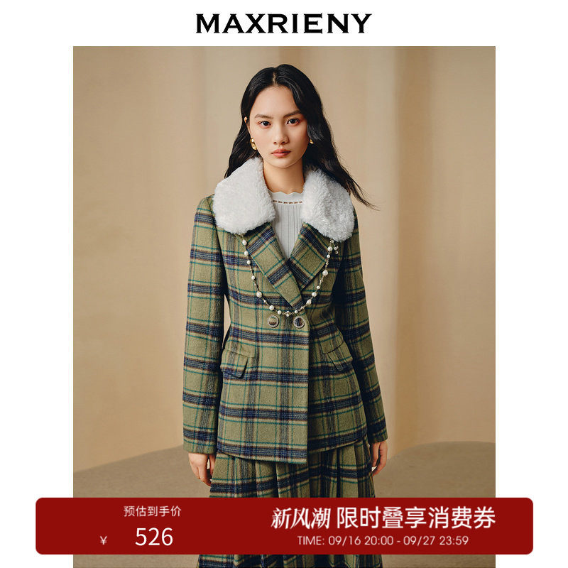 【奥莱】MAXRIENY宫廷复古风收腰格纹毛领外套图片