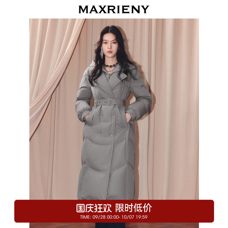 【奥莱】MAXRIENY菱斜纹绗缝过膝羽绒服保暖外套长款图片