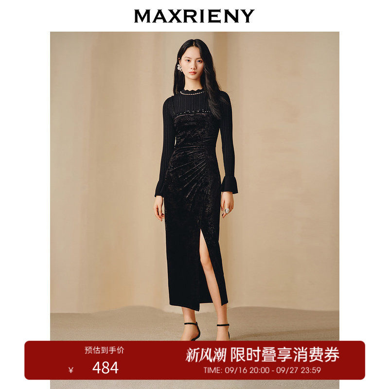 【奥莱】MAXRIENY华丽复古重工钉珠连衣裙丝绒长裙图片