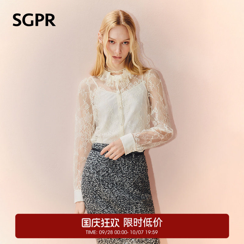 【奥莱】SGPR宫廷风蕾丝衬衫女别致网纱宽松h型上衣图片