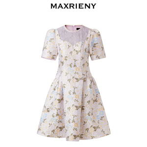 【奥莱】MAXRIENY高腰碎花短裙秋泡泡袖连衣裙重工A字裙