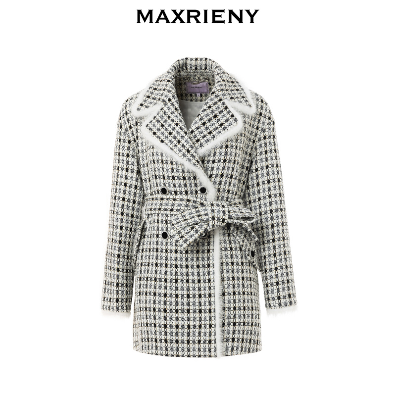 【奥莱】MAXRIENY复古黑白格纹大衣中长款肌理感小香风外套