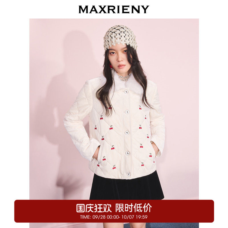 【奥莱】MAXRIENY樱桃刺绣修身棉服女菱格纹毛领轻薄外套图片