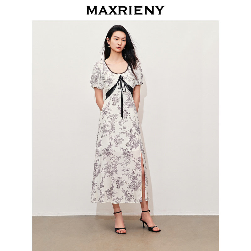 【奥莱】MAXRIENY国风手绘复古色蕾丝装饰连衣裙桑蚕丝裙子