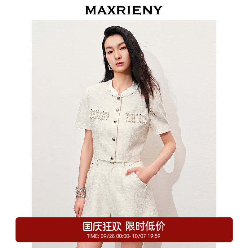 【奥莱】MAXRIENY复古优雅仿珍珠流苏缎领外套女图片