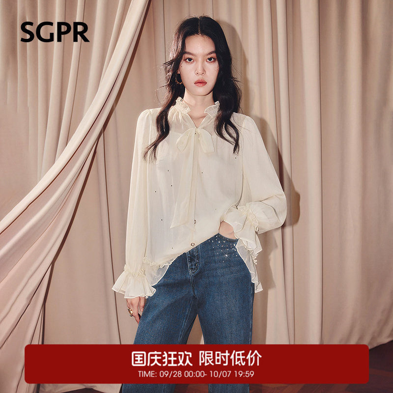 【奥莱】SGPR宫廷复古蕾丝雪纺衫款宽松长袖上衣衬衫图片