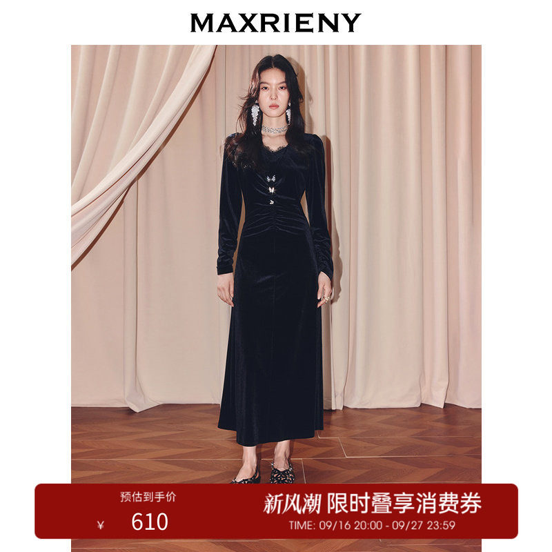 【奥莱】MAXRIENY法式复古v领丝绒连衣裙x型收腰长裙宴会礼服裙图片