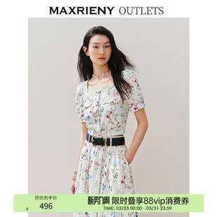 MAXRIENY复古优雅花卉印花上衣方领雪纺衫 奥莱