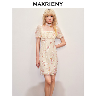 新品 奥莱 MAXRIENY蕾丝钉珠甜美亮片花朵连衣裙夏季