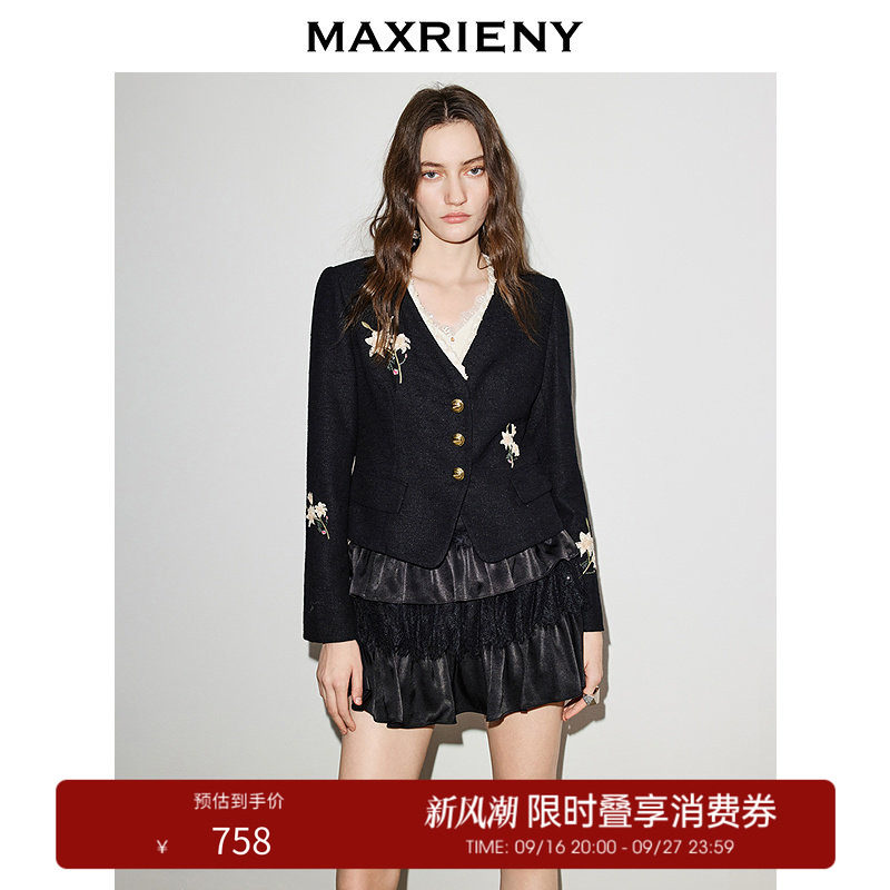 【奥莱】MAXRIENY黑色珠片绣花V领外套暗纹肌理感收腰短外套图片