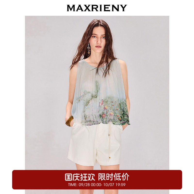 【奥莱】MAXRIENY渐变水墨油画印花上衣无袖衬衣宽松衬衫图片