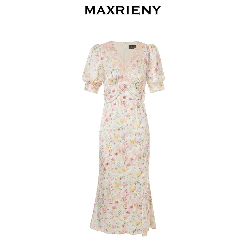 粉花复古裙，拼接设计