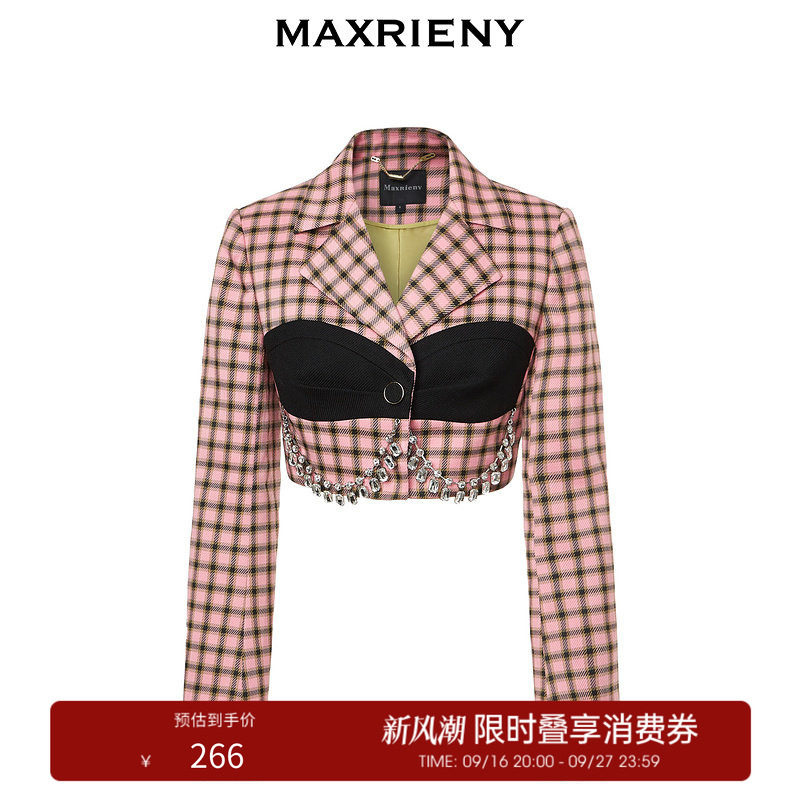 【奥莱】MAXRIENY率性气质格纹长袖西装截短外套早上衣图片