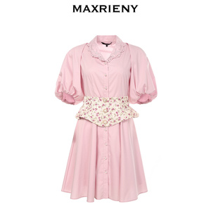 【奥莱】MAXRIENY粉色连衣裙夏季女士娃娃领衬衫裙泡泡袖甜美短裙