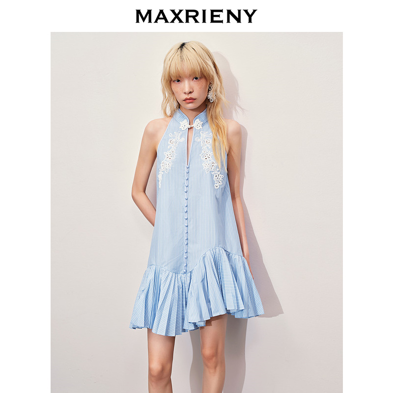 【奥莱】MAXRIENYA摆华丽镂空刺绣钉珠连衣裙