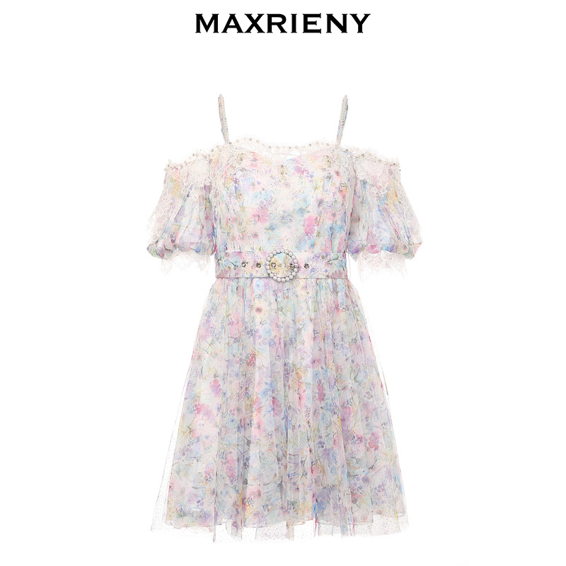 【奥莱】MAXRIENY碎花吊带裙夏季女士灯笼袖连衣裙洋气公主短裙子