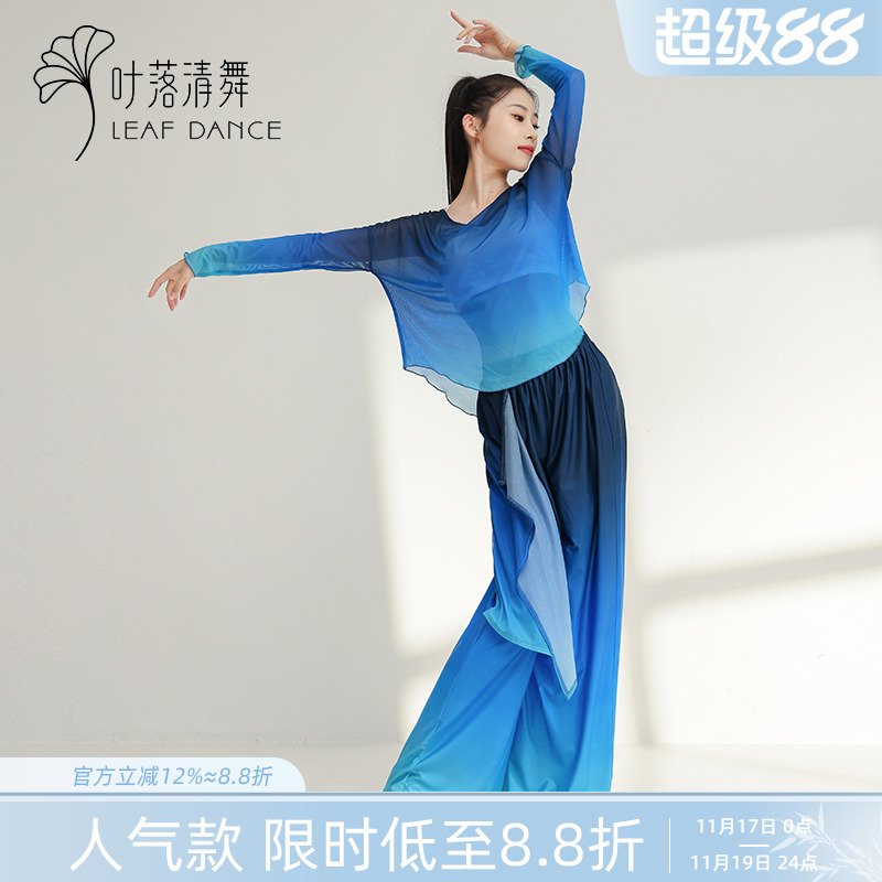 叶落清舞古典舞渐变网纱上衣oversize落肩长袖现代舞蹈练功服装女