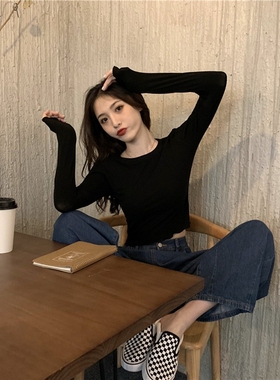 2025春秋季新款小个子白色短款韩版宽松百搭T恤长袖打底衫上a289