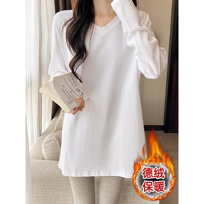2025秋冬季新款T恤韩版简约风休闲德绒中长款长袖打底衫上衣a276