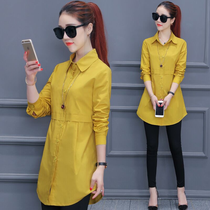 中长款衬衫女长袖2025新款韩范纯色修身显瘦春秋休闲衬衣a045
