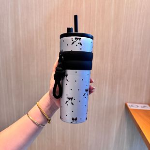 新款 不锈钢咖啡杯提绳吸管杯小清新图案女生高颜值保温杯便携SD15