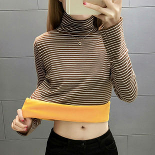 保暖内搭条纹T恤女大码 秋冬季 加绒加厚高领打底衫 新款 女a952 韩版