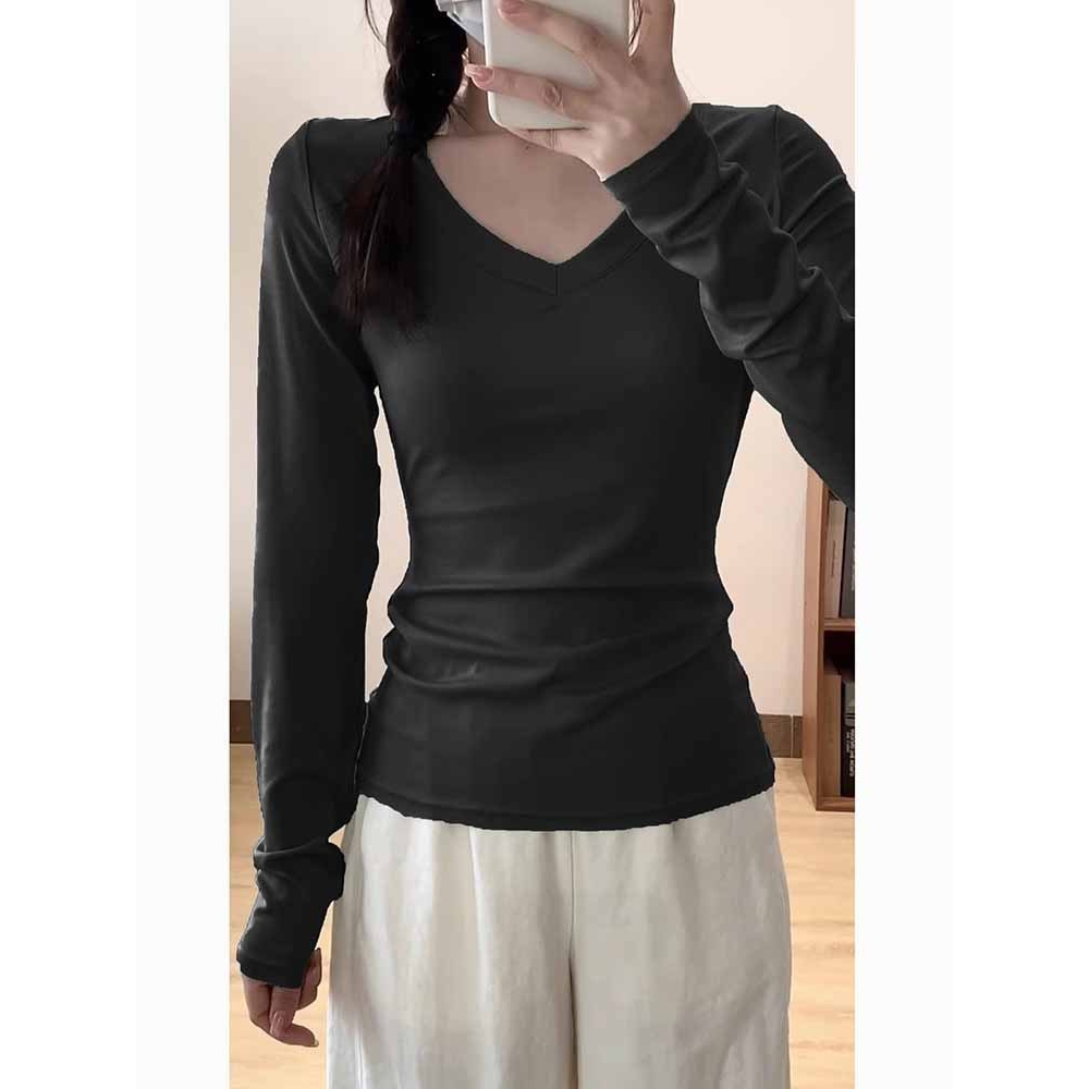 v领上衣女装秋冬季新款白色长袖T恤内搭设计感打底衫修身收腰a229