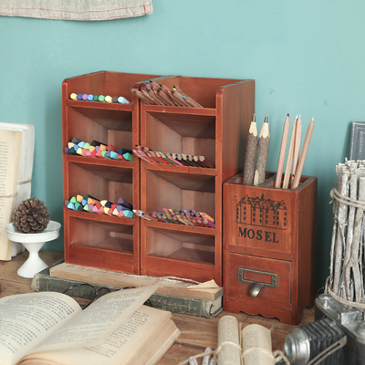 木制笔刷筒文具收纳盒美式复古风笔筒办公室书桌桌面遥控器置物架