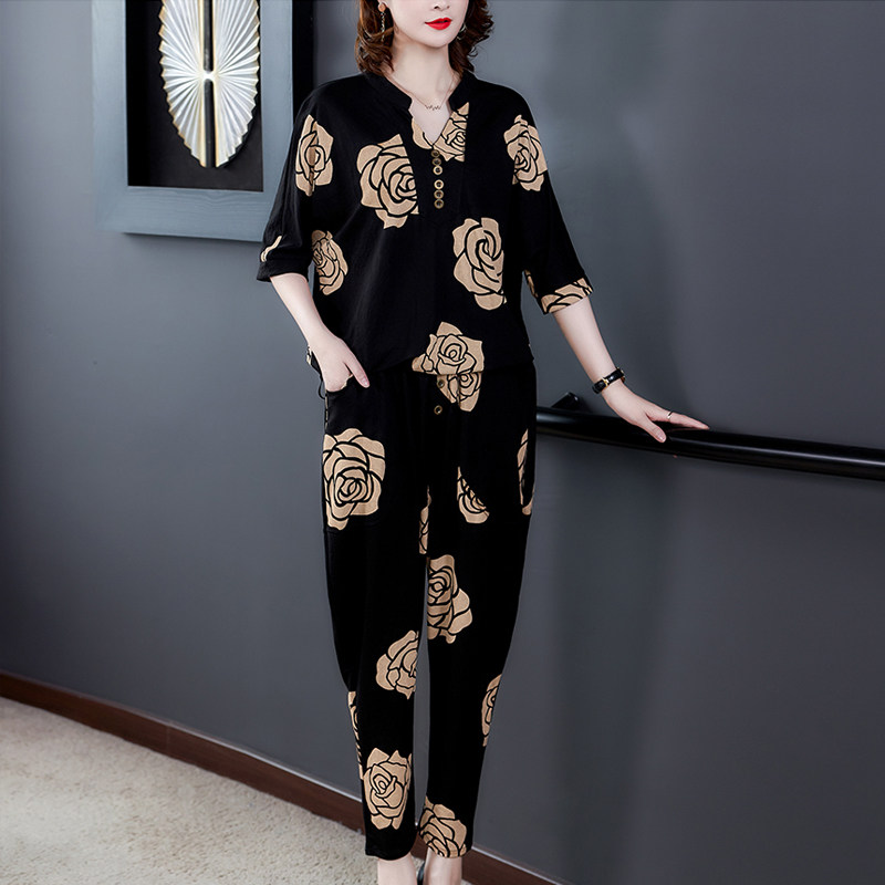 夏季女装妈妈显瘦宽松套装2020新款阔太太贵夫人减龄洋气两件套春