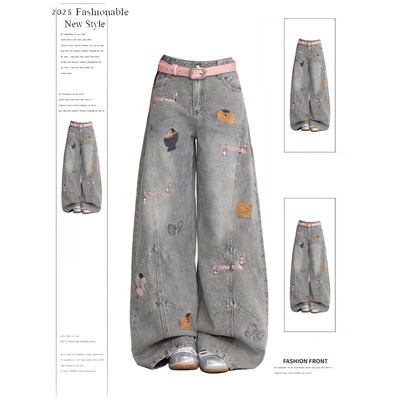 小狗刺绣水洗做旧牛仔裤