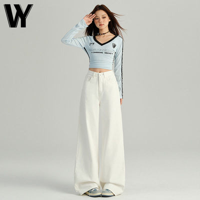 美式白色阔腿牛仔裤女夏