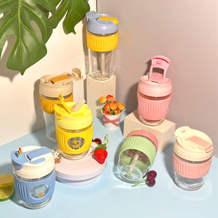 乐扣乐扣玻璃水杯女夏季 咖啡杯 带吸管简约便携运动可爱泡茶杯韩式