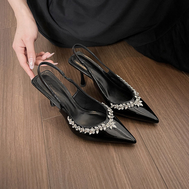 羊皮版~尖头黑色高跟鞋2026新款小众设计感水钻细跟凉鞋女不累脚