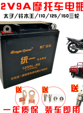 适用小太子豪爵125-8GN摩托车免维护蓄电池12V9A英超统一干电瓶