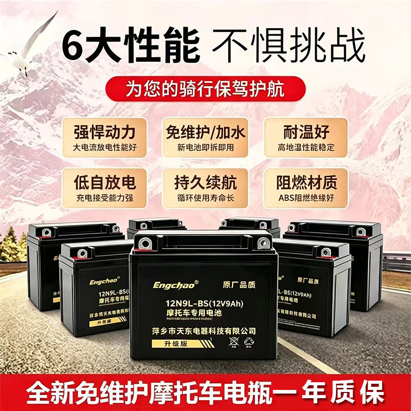 适用12V摩托车电瓶12v9a免维护干蓄电池125弯梁车踏板车通用7ah