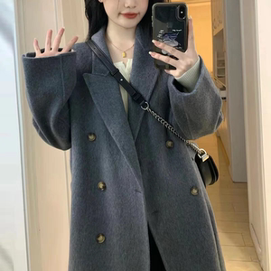 深灰色双面羊绒大衣女24秋冬新款韩系中长款宽松高端羊毛呢子外套
