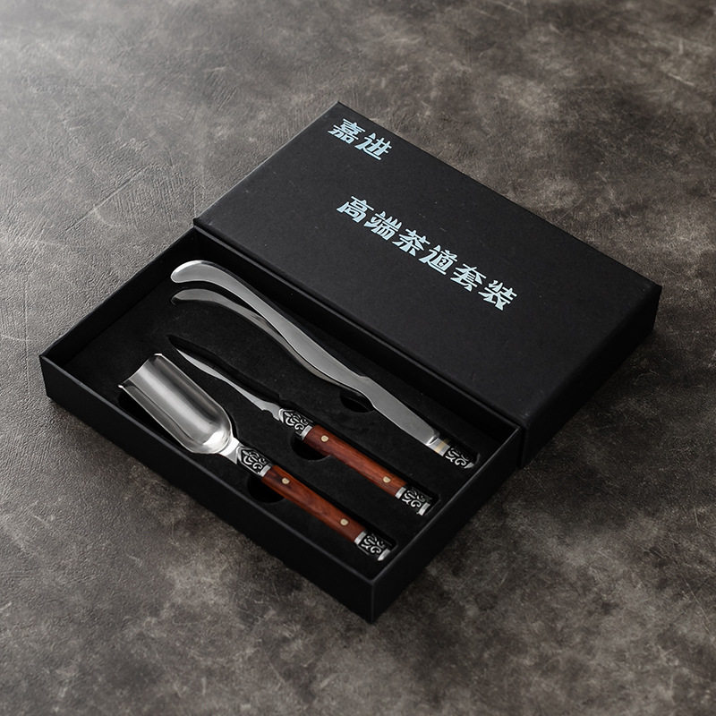 大马士革普洱茶刀三件套装不锈钢茶勺茶铲黄铜茶具配件